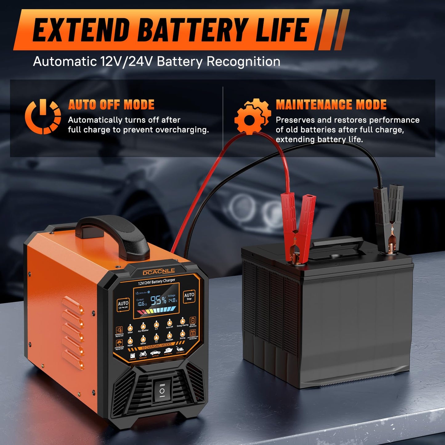 DCACNLE Car Battery Charger Heavy Duty,12V/24V Portable Smart Trickle Charger Battery Maintainer,Maintenance/Winter Mode,for AGM Auto Motorcycle Truck Rv Lawn Mower - for Lead Acid Batteries