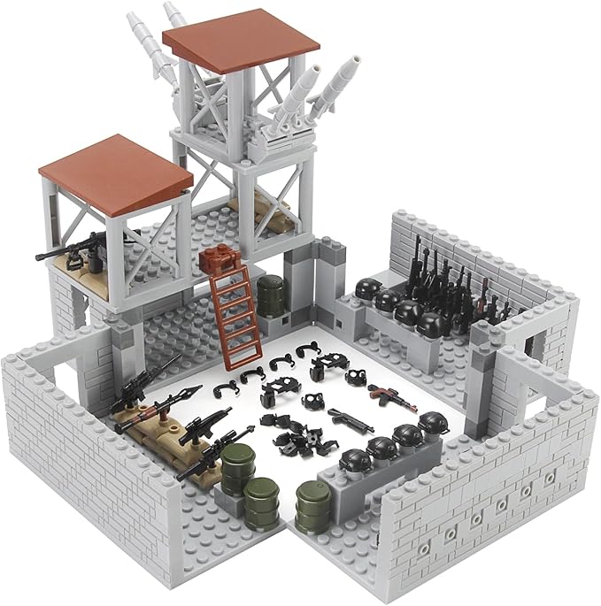 Feleph Military Base Building Bricks Set 389 Pieces Armory Defense Guard Tower Guns Army Weapons SWAT Gear Accessories for Soldier Figures Building Block Toy Compatible with Major Brands