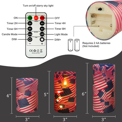 NJAO HOO Flickering Flameless Candles, LED Candles 3D Wick Acrylic Battery Operated LED Pillar Candles with Remote and Timer for Day 4th of July Decor Set of 3(American Flag)