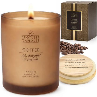 Coffee Candle; 9.7oz, 55 Hrs Burn Time, Soy Wax Brown Frosted Jar with Crackling Wooden Wick & Luxury Gift Box with Gold Foil Strip: Coffee Scented Candle by Spotless Candles