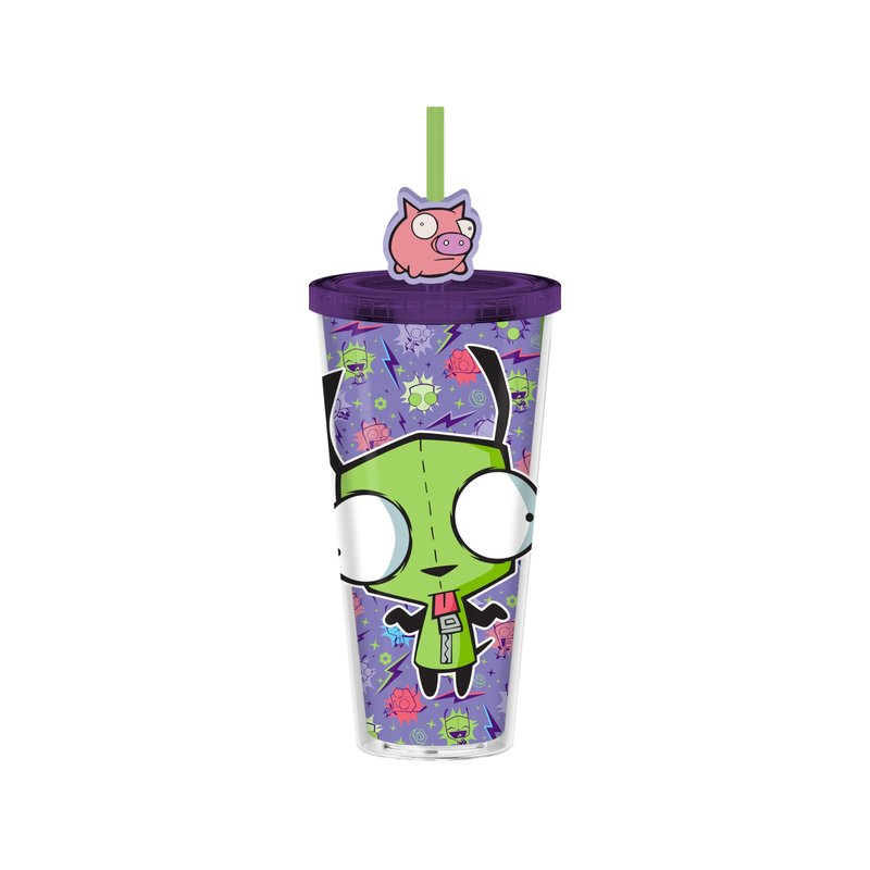Silver Buffalo Invader Zim Gir Pattern Plastic Cold Cup with Lid and Straw Topper, 24 Ounces