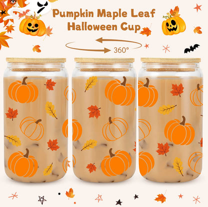 Frerdui Halloween Pumpkin Coffee Cup - 16 Oz Pumpkins Fall Mug, Iced Coffee Glass Tumbler Glass Cups W/Lids Straws, Cute Halloween Fall Gifts for Women Teens Girl