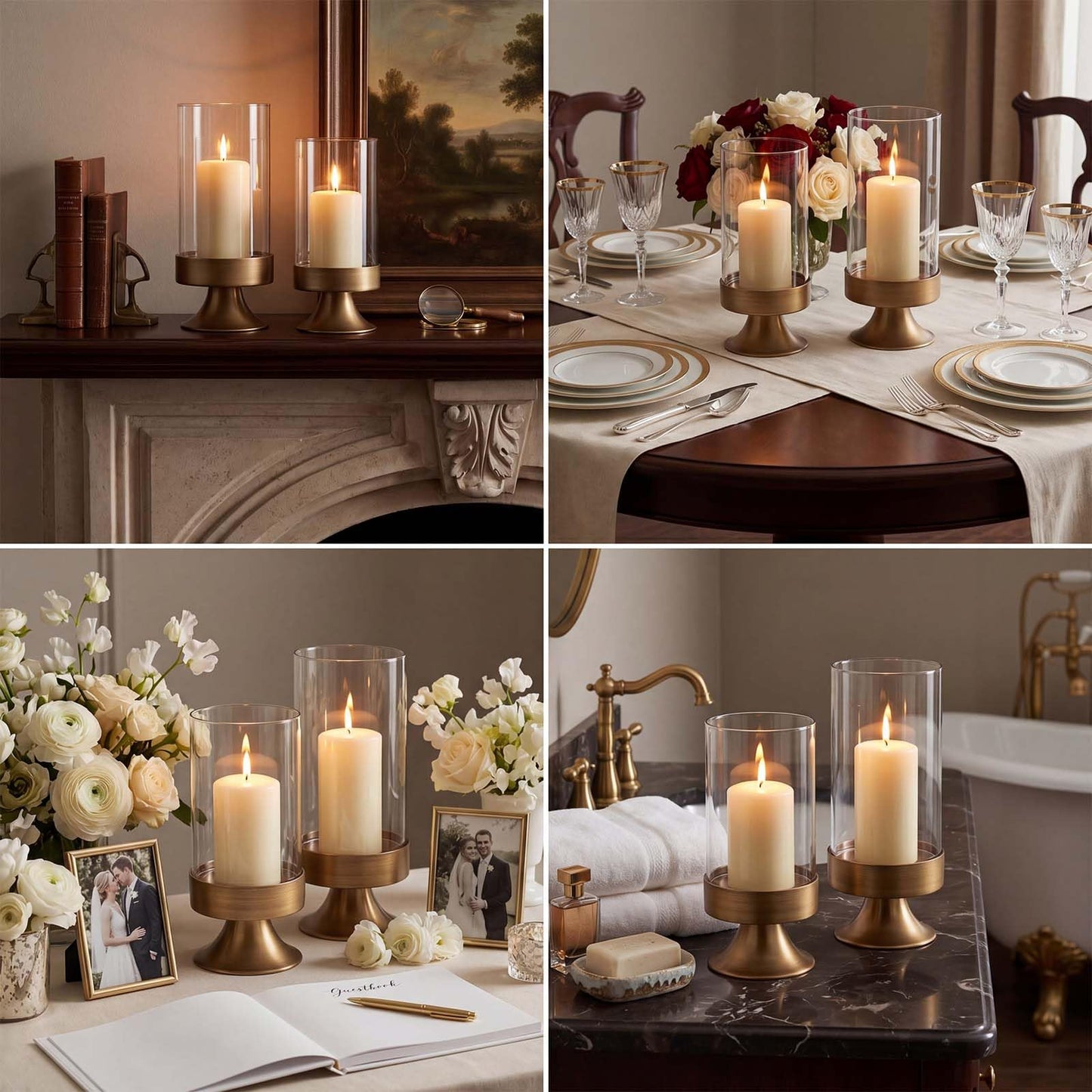 Gold Hurricane Candle Holder with Glass Cylinder Decorative Metal Pedestal Candlestick Holders for Pillar Candles Elegant Centerpiece for Dining Table Wedding Fireplace Mantel Living Room Home Decor