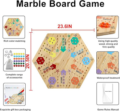 Extra Large 23.6 Inches Wahoo Marble Board Game 4 and 6 Players 2 Sided Painted Thicken Wood Board Perfect Game for Family Friends Party