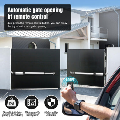JUJIANG C01 Automatic Gate Opener with Remote Complete Kit for Swing Gate Up to 440lb 12FT per Arm, Electric Gate Openers Light Duty Dual Swing Gate Openers Automatic Gate Motor 40W AC Powered