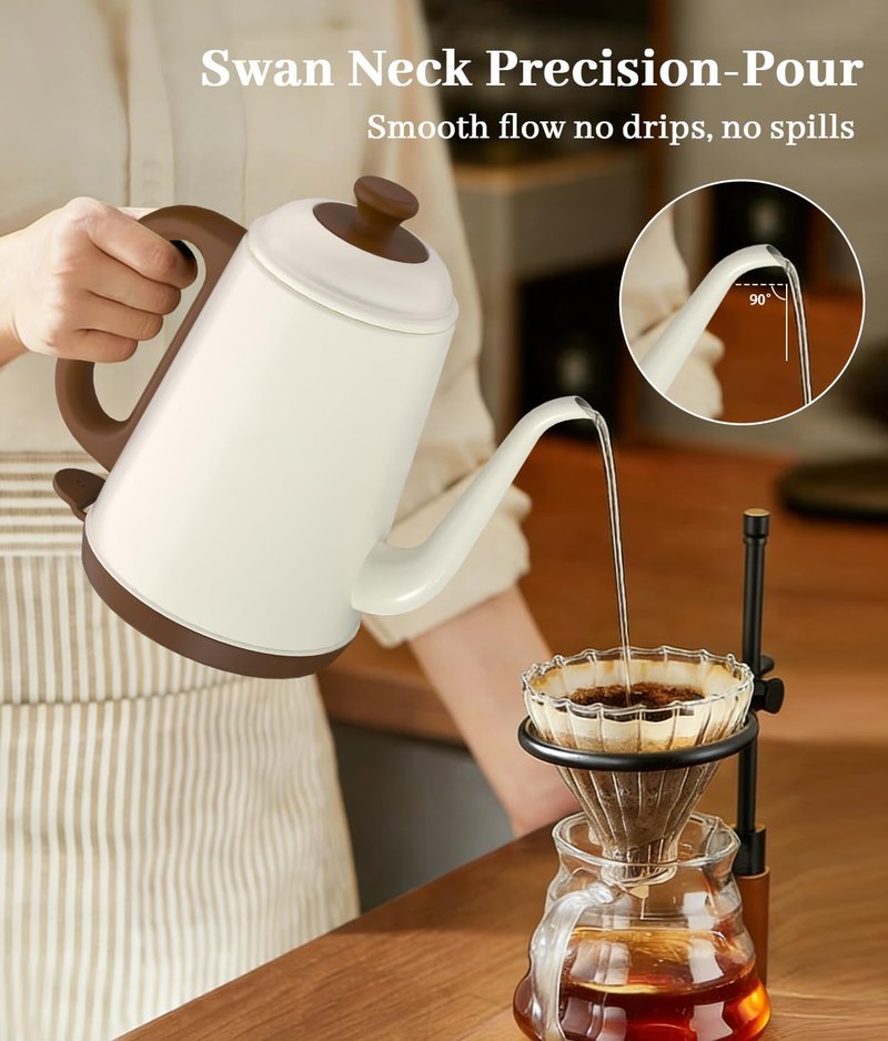 YTLAD Gooseneck Electric Kettle 1L, 1000W Fast Boiling for Pour-Over Coffee & Tea, 304 Stainless Steel BPA-Free, Precise Flow Spout, Auto Shut-Off & Boil-Dry Protection, Retro Style (White)