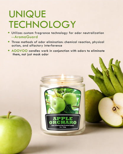 AOOVOO Apple Orcharo Odor Eliminating Candle - Up to 50 Hours Burn time, Eliminates 95% of Pet, Smoke, Food, and Other Smells Quickly, 9 oz Non Toxic Highly Fragranced Air Freshing Soy Candle