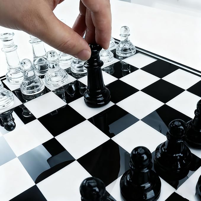 35cm/13.8 Glass Chess Set with Clear &amp Black Pieces – Elegant Transparent Board Game for Adults &amp Beginners Home Decor &amp Gift Choice