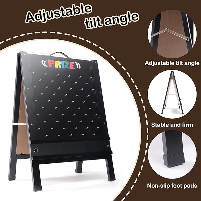 Prize Drop Game Board 21x30 Double-Sided Foldable Design with Wooden A-Frame Chalkboard Sign for Family Carnival Trade Show &amp Party - Includes 10 Coin Drop Discs and Chalk Set Portable Desig
