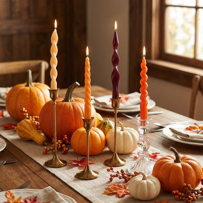 AnyDesign 4Pcs Fall Twisted Taper Candles Autumn Orange Red Yellow Wax Long Unscented Spiral Swirl Candlesticks for Thanksgiving Holiday Dinner Party Home Decor
