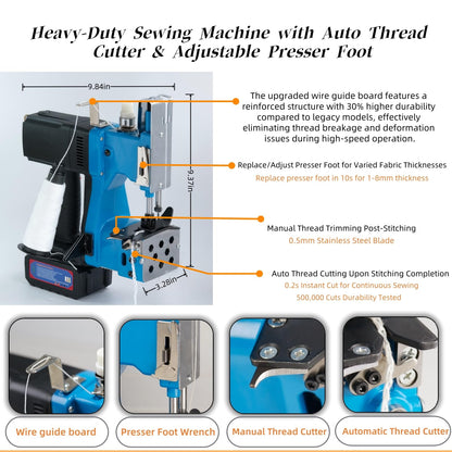 Cordless Bag Sewing Machine |PortableIndustrial Bag Closer |2-Second Fast Sealingfor Woven PP/Canvas/Jute Bags |Factory &Farm Bag Stitcher (Blue, Lithium Battery-36VDC)