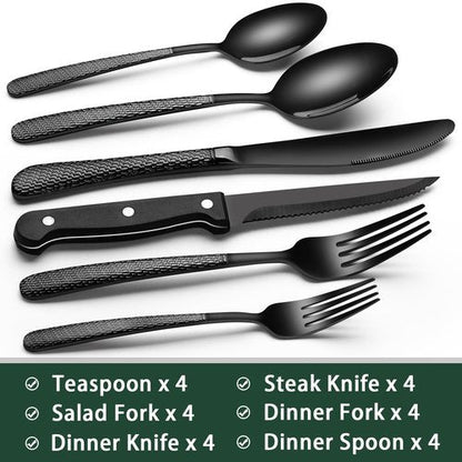 EWFEN 24-Piece Black Silverware Set with Steak Knives, Black Flatware Set for 4, Food-Grade Stainless Steel Tableware Cutlery Set, Mirror Finished Utensil Sets for Home Restaurant, Round Hammered