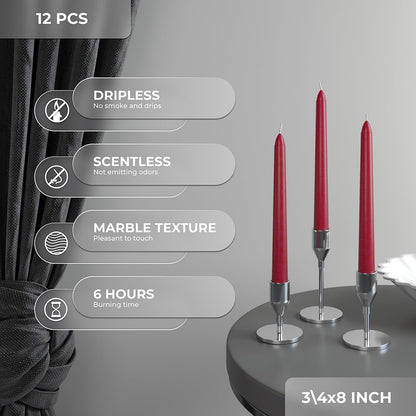 CANDWAX 8 inch Bordeaux Taper Candles Set of 12 - Unscented Smokeless Dripless Tall Candlesticks - Ideal for Home Decor, Thanksgiving or as Christmas Candles - Tapered Christmas Candle Sticks