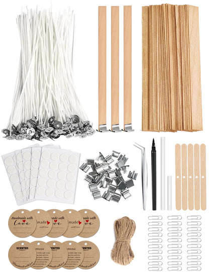 Multiwins 130 Pcs Candle Wicks for Candle Making Kit: 100 Cotton & 30 Wood Wicks with Complete Tool Set (Wick Holders, Wick Stickers, Candle Tabs, Tweezers, Pen), for Soy Beeswax DIY Candles