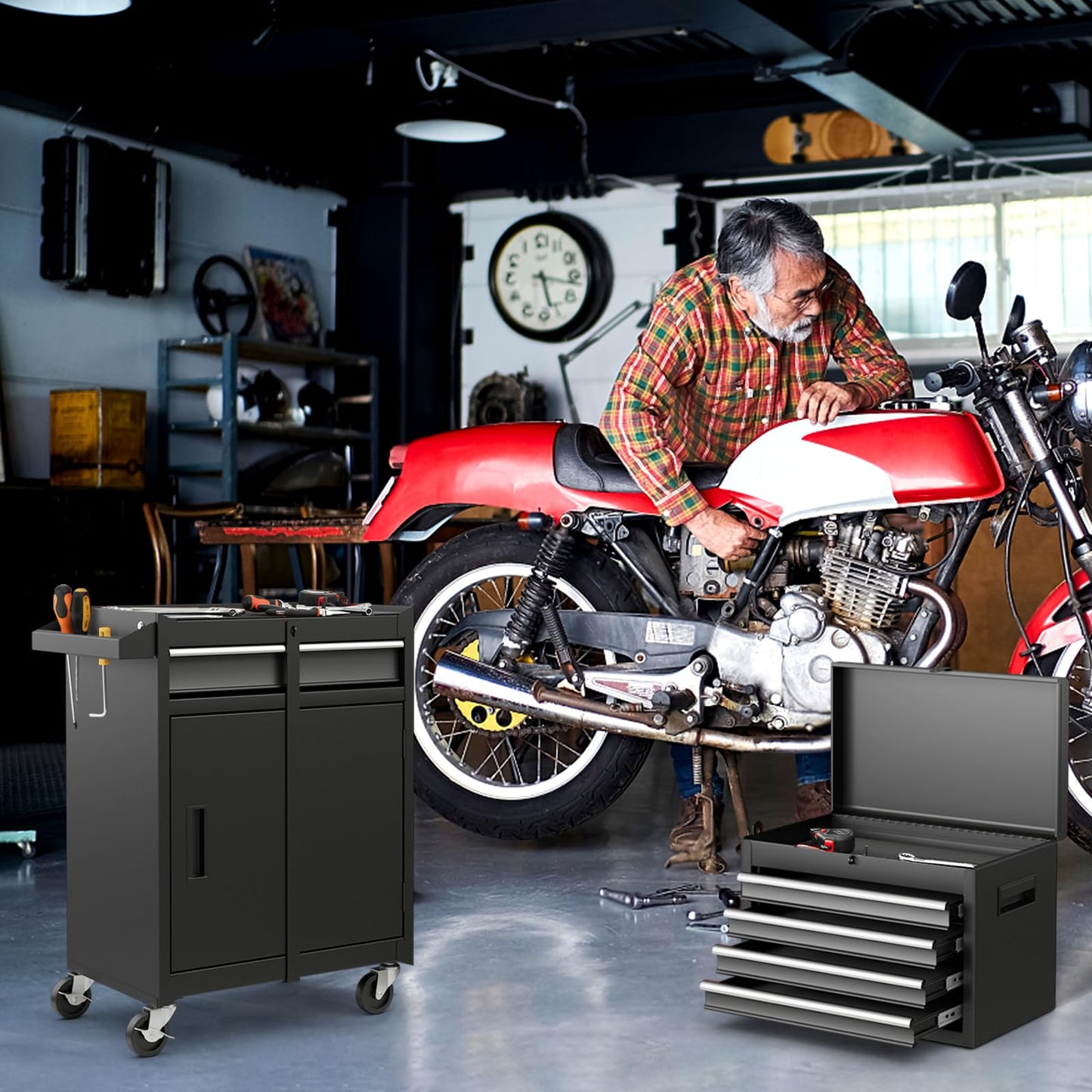 Goplus Tool Chest, 5 Drawers Rolling Tool Cabinet with Detachable Top Toolbox, Universal Lockable Wheels, Lock Bar, Protective Liner & Tool Rack, Metal Tool Storage Cart, Tool Box for Garage Workshop