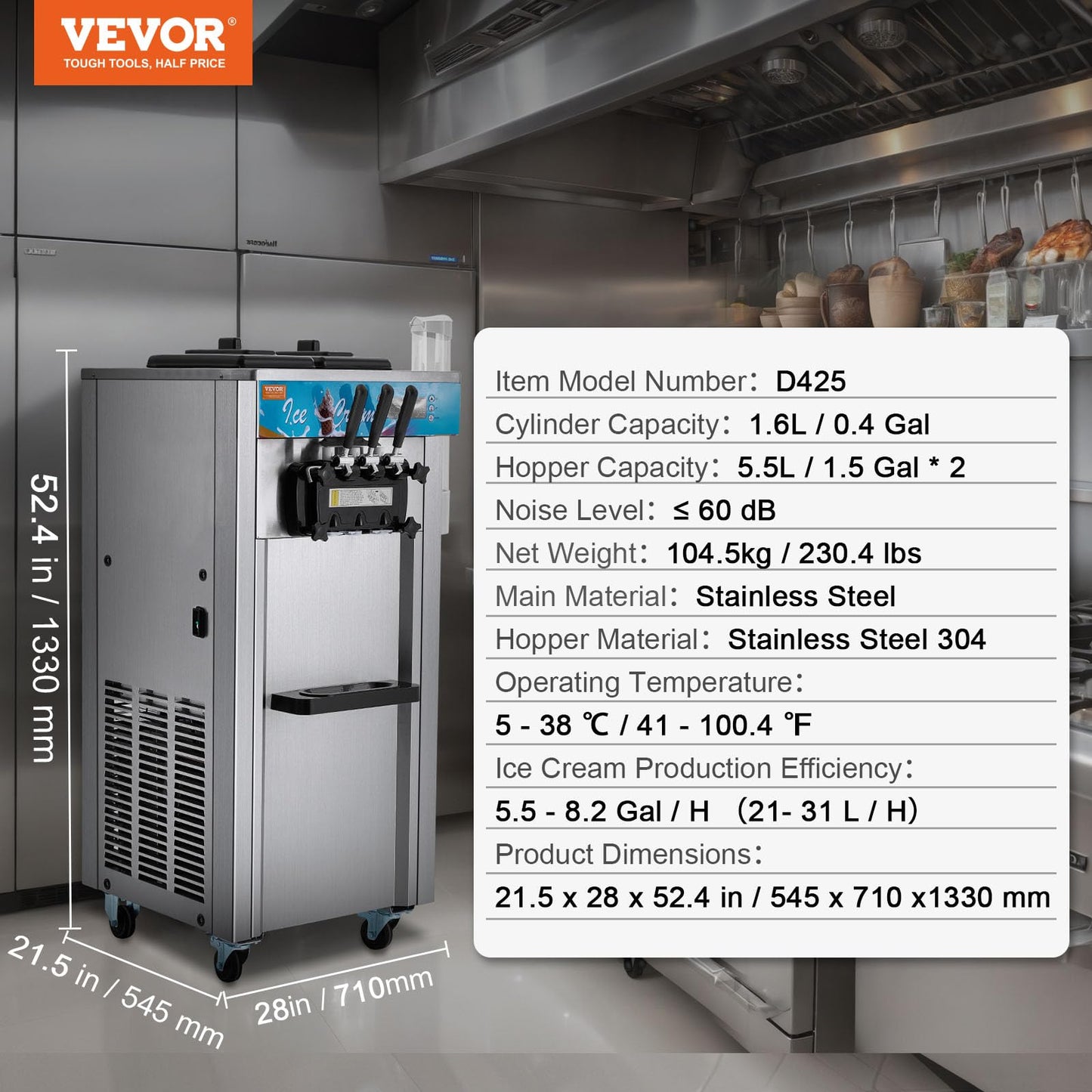 VEVOR Commercial Ice Cream Machine, 21-31 L/H Yield, 1800W 3-Flavor Freestanding Soft Serve Ice Cream Maker, 2 x 5.5L Stainless Steel Cylinder, LED Panel Auto Clean Pre-cooling, for Restaurant Bars