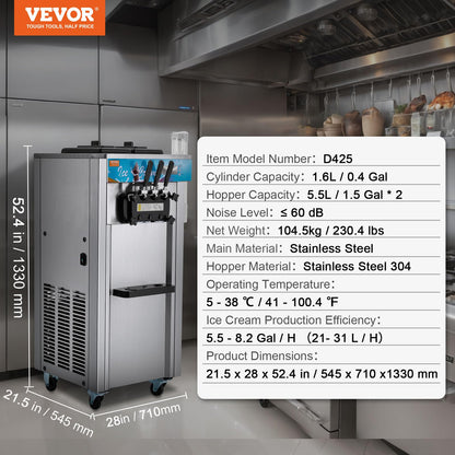 VEVOR Commercial Ice Cream Machine, 21-31 L/H Yield, 1800W 3-Flavor Freestanding Soft Serve Ice Cream Maker, 2 x 5.5L Stainless Steel Cylinder, LED Panel Auto Clean Pre-cooling, for Restaurant Bars