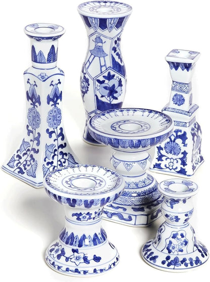 6 Pcs Candle Holder, Chinese Style Blue and White Porcelain Ceramic Candelabras Handmade Painting Candle Holders Candlesticks for Table Wedding, Party& Gift. ﻿