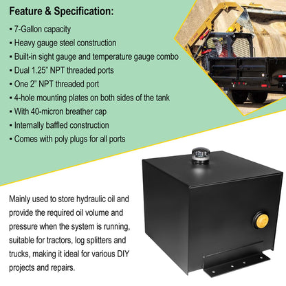 7-Gallon Hydraulic Fluid Reservoir Oil Tank For Tractors, Trucks & Log Splitters, Built-in Sight Gauge/Temp Gauge Combo, Heavy Duty Steel Construction, Horizontal-Mount