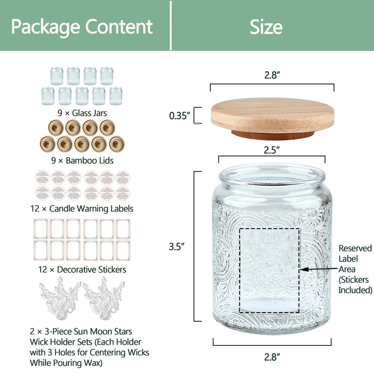 9-Pack 8oz Embossed Glass Candle Container with Bamboo Lids and Labels, Clear Candle Jars for Making Candles, Sun Moon Star Design