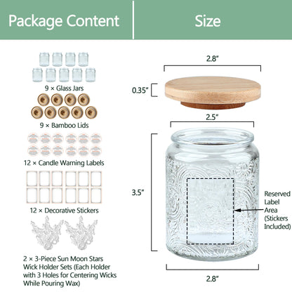 9-Pack 8oz Embossed Glass Candle Container with Bamboo Lids and Labels, Clear Candle Jars for Making Candles, Sun Moon Star Design