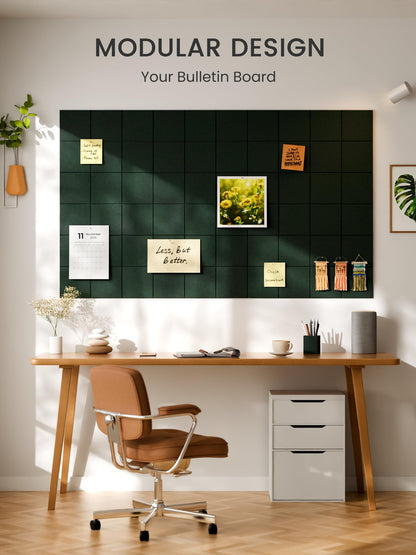 Bumusty Large Felt Bulletin Board, 48" x 36" Cork Board Alternative, 12-Pack Wall Tiles with 4-Compartment Design, 30 Push Pins, 70 Adhesive Tabs, Ideal for Office & Home Decor, Pine Green