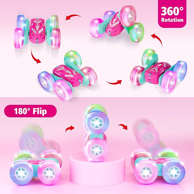 Remote Control Car for Girls 6-12 with Flashing Light Toys 6 7 8 9 Years Old Girl Birthday Gifts Idea RC Cars Stunt 4WD 2.4Ghz Double Sided 360° Flip Present for Kids Christmas Pink