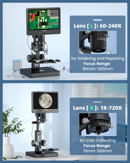 JOYALENS JL269S 5 Lens 10.1'' HDMI Digital Microscope 5000X with Endoscope, 24MP Biological Microscope for Adults Kids Home Lab, Coin Microscopes Full View for Error Coins, Windows PC Compatible, 32GB