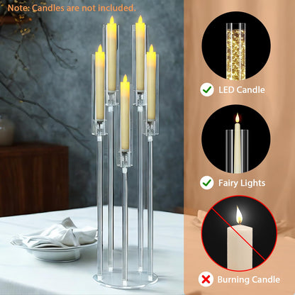 2Pcs 5 Arms Acrylic Candelabra Centerpieces for Tables Decortion,Clear Candle Holder for Wedding Dinner Fireplace Decoration,35 inches Tall Candlesticks Holder with Lampshade, Fits LED Candle