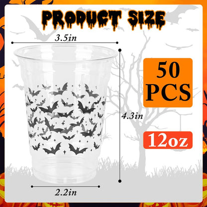 AimFun Halloween Bats Plastic Cups White Black Ghosts Disposable Party Cup Cute Spooky 12oz Clear Cups for Candy Beverage Snacks Birthday Baby Shower Party Supplies (50, Bats)
