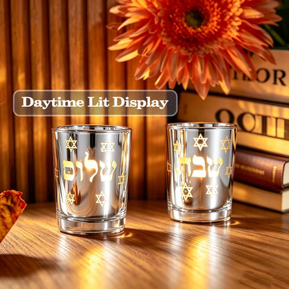 ZIVOSELY Set of 2 Glass Shabbat Candle Holders, Thickened Heat-Resistant Electroplated Glass Tea Light Holders for Jewish Judaica Sabbath Hanukkah Gifts, All Silver