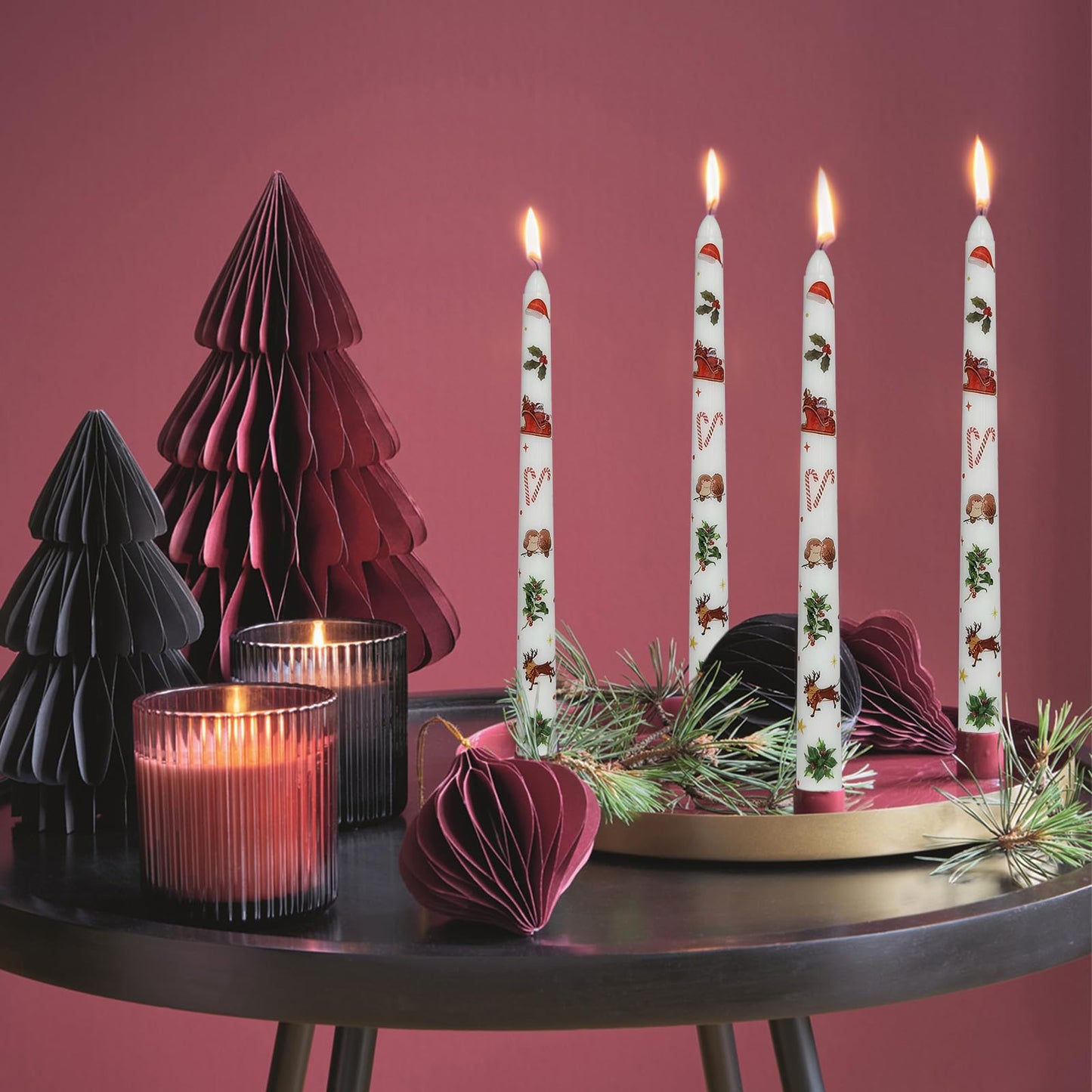 Floral Taper Candles 10 Inch Tall Unscented Handmade Christmas Deer Print Long Burning Elegant Candlesticks for Christmas Decor Gifts