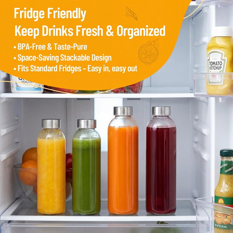 Luxfuel Clear Glass Bottles with Lids 18 oz, Reusable Glass Water Bottles with Stainless Steel Cap for Juicing,Refrigerator,100% Leak Proof, BPA Free, Juice Water Bottle Set of 12