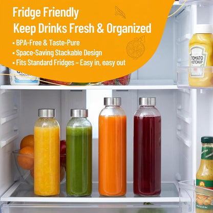 Luxfuel Clear Glass Bottles with Lids 18 oz, Reusable Glass Water Bottles with Stainless Steel Cap for Juicing,Refrigerator,100% Leak Proof, BPA Free, Juice Water Bottle Set of 12