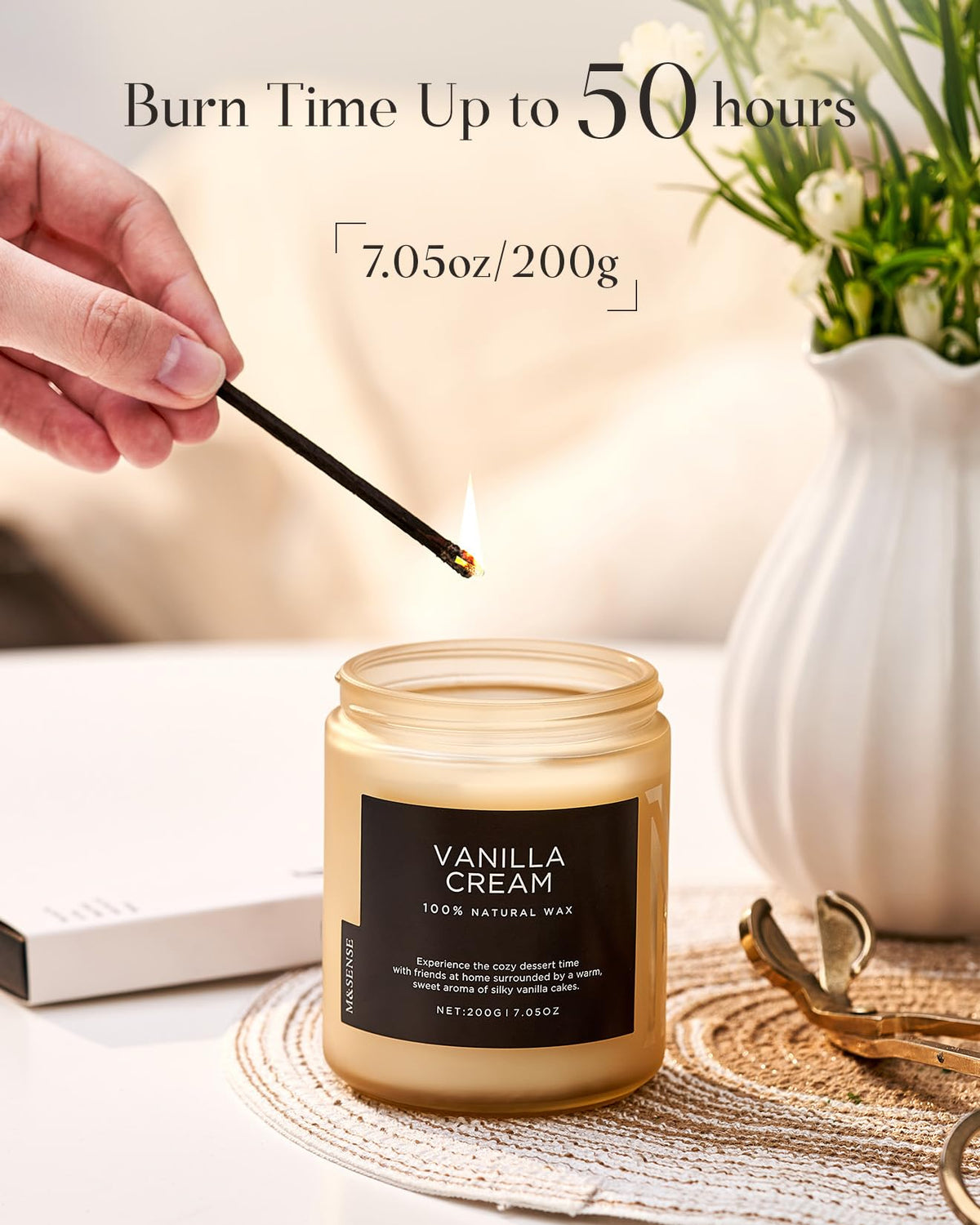 M&SENSE Vanilla Candles for Home, 7.05oz All Natural Organic Soy Wax, 50 Hours Non Toxic Clean Burn, Cute Scented Candle for Stress Relief Relaxing, Aromatherapy Gift for Women Men