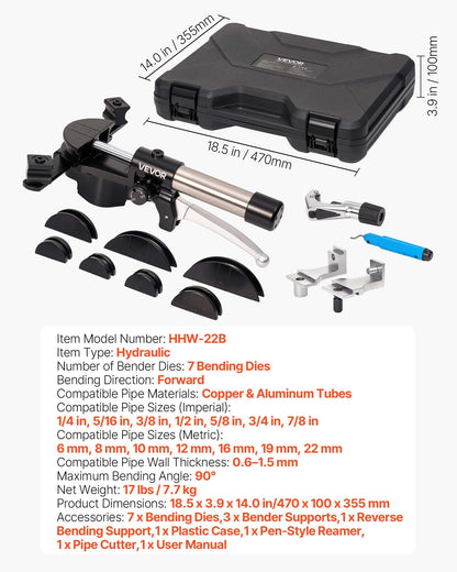 VEVOR Hydraulic Tubing Bender Kit, 1/4 to 7/8 Inch, Copper Tube Pipe Bender, Forward/Reverse HVAC Bending Tool Set, with 7 Aluminium Alloy Dies, for HVAC Air Conditioning Refrigeration Auto Repair
