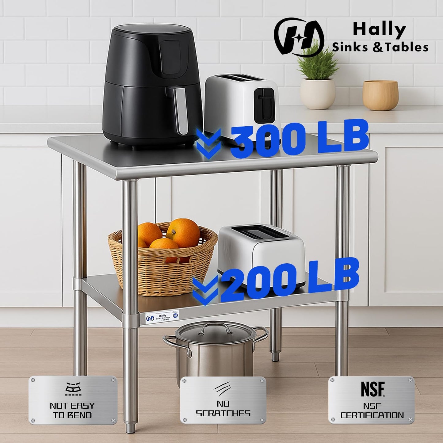 Hally Stainless Steel Table for Prep & Work 24 x 12 Inches, NSF Commercial Heavy Duty Table with Undershelf and Galvanized Legs for Restaurant, Home and Hotel
