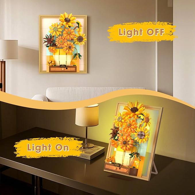 Building Block Sets Van Gogh Sunflower Painting Building Toys with Sensor Light 1166 Pcs 3D Framed Wall Art for Adults DIY Model Kit for Home Office Decor Gift for Women &amp Art Lovers