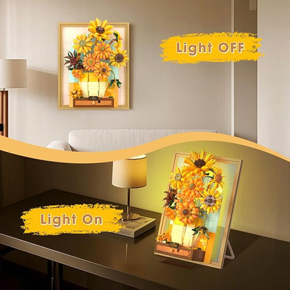 Building Block Sets Van Gogh Sunflower Painting Building Toys with Sensor Light 1166 Pcs 3D Framed Wall Art for Adults DIY Model Kit for Home Office Decor Gift for Women &amp Art Lovers