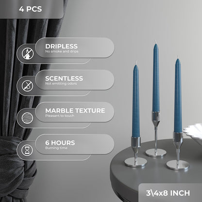 CANDWAX Dark Blue 8 inch Taper Candles Pack of 4 - Long Burning Unscented Smokeless Dripless Tall Candle Sticks - Perfect for Parties, Celebrations, Special Occasions or as a Dinner Table Centerpiece