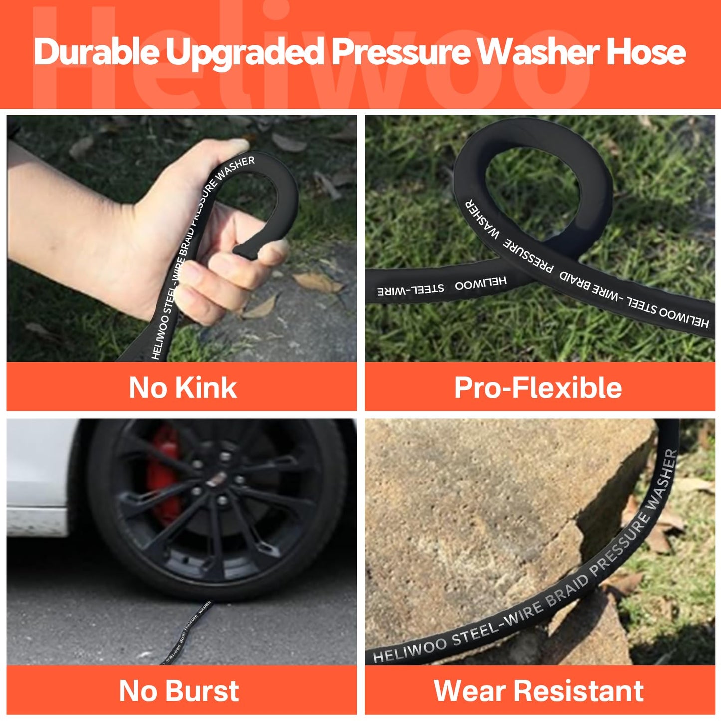 Heliwoo 3/8" Pressure Washer Hose 200 FT, Hot and Cold Water Power Washer Hose Max 248°F, Commercial Industrial Grade Steel Wire Braided Kink Proof Extension Hose -4500 PSI
