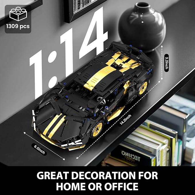 GEVINST Collectible Sports Race Cars Building Set Model Car Kits for Boys 8-12 and up Adults 1:14 Scale Black Gold Supercar Gifts (1309 PCS)