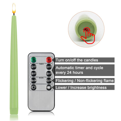CVHOMEDECO. Flameless Taper Candles with 10-Key Remote, Battery Operated Led Flickering 3D Wick Window Candles Real Wax Finished Home Christmas Party Decor 0.78 x 11 Inch, Pack of 3, Light Green