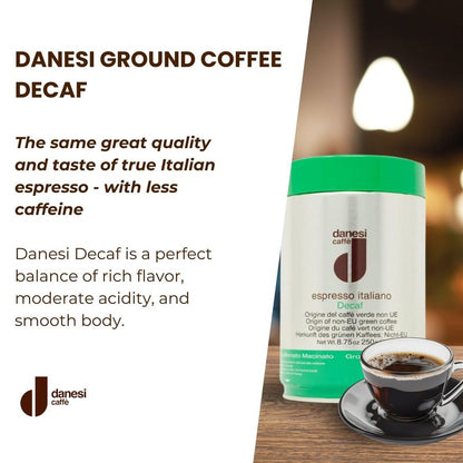 Danesi Caffe Italian Ground Coffee - Fine Medium Roast Espresso Coffee Grounds for Moka Pot, French Press, and Drip Brew - Decaf (8.75 oz, 1 Pack)