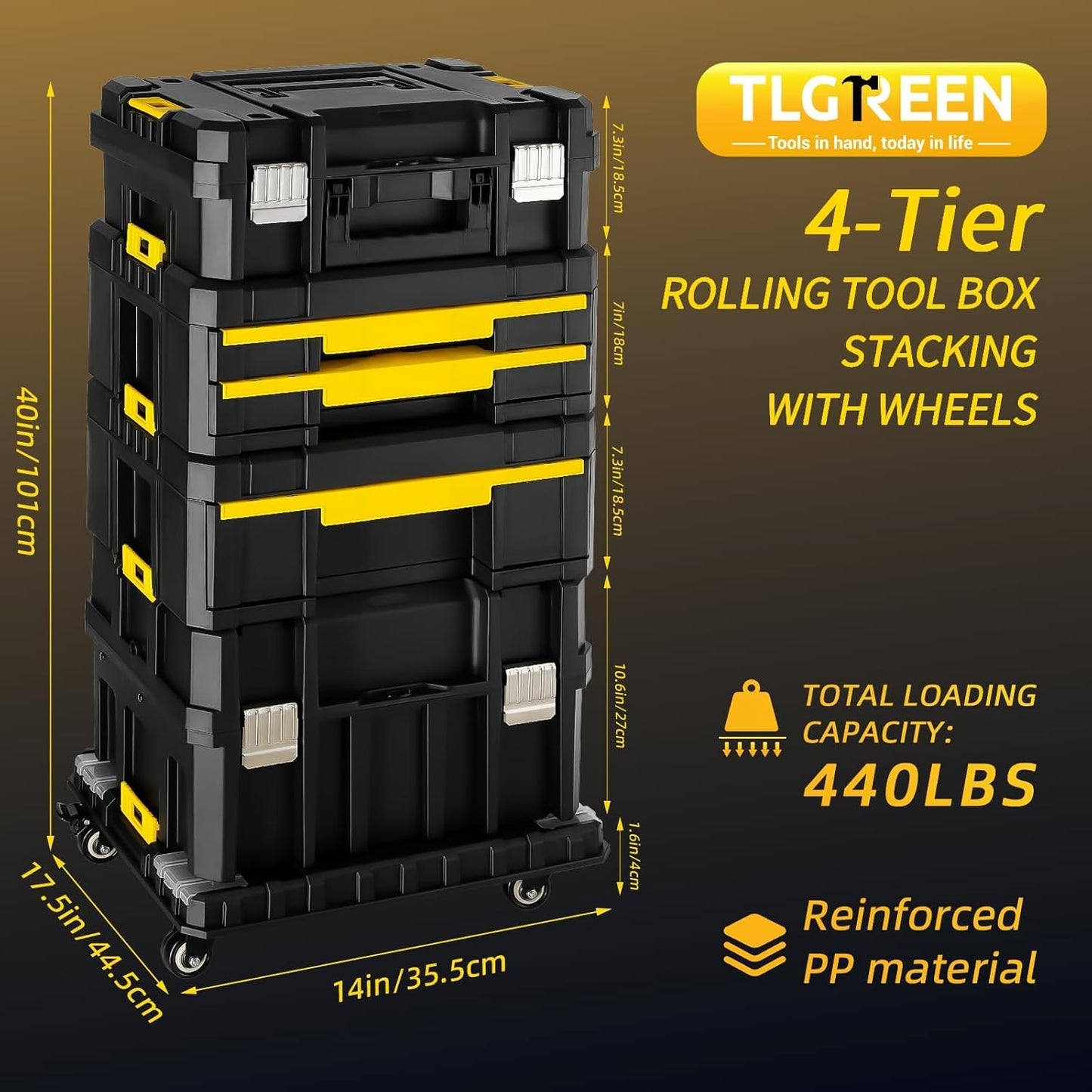 TLGREEN Rolling Tool Box with Wheels, Stackable Design – 4-in-1 Modular Tool Box Organizer, Portable Tool Box with Drawers for Garage Storage, Home Repairs & Workshop Use
