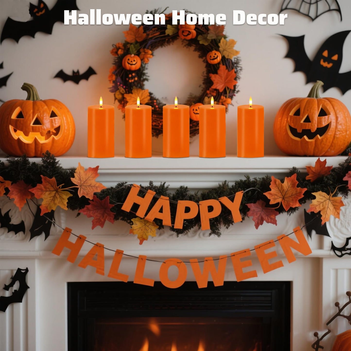 Orange Flameless Candles, Set of 2 7"x3" Flickering LED Candles with Remote & Timer, Dimmable Electric Pillar Candles Battery Operated, Candles Light for Fall Thanksgiving Halloween Decor (Orange)