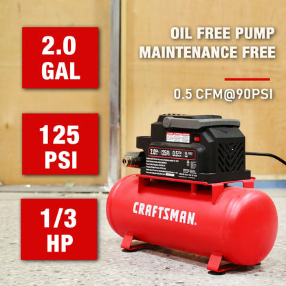 Craftsman Air Tools, 2 Gallon Portable Air Compressor 1/3 HP Oil-Free Max 125 PSI Pressure, Hot Dog, Model: CMXECXA0200243