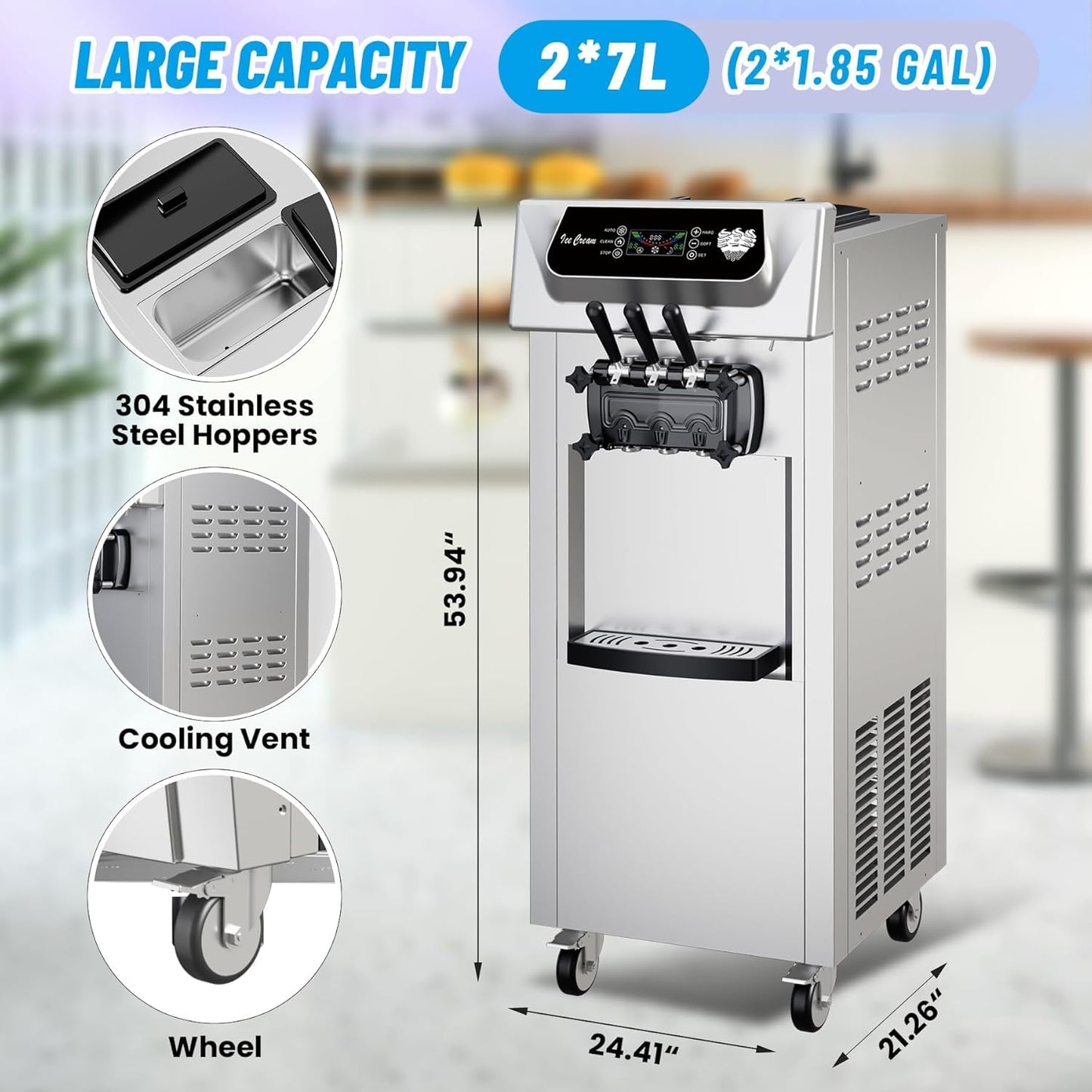 PioneerWorks Commercial Ice Cream Machine, 20-28L/H Yield, 2200W 7L X 2 Capacity, LCD Display, Auto Clean Adjustable Hardness 3 Flavor for Restaurant Snack Bars