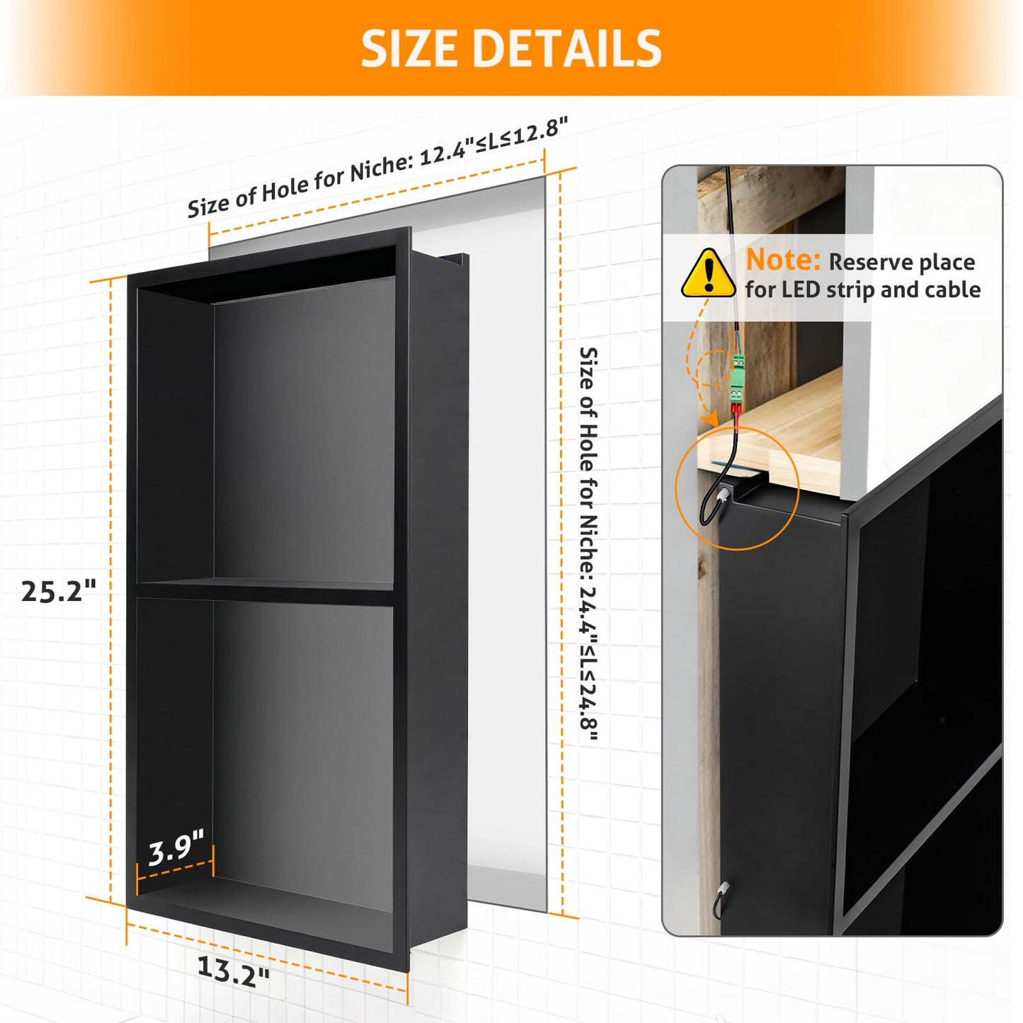 WICHEMI Shower Niche No Tile Needed for Bathroom Storage, Shower Niche LED Lights Waterproof Recessed Wall Niche 12" X 24" Double Shelves 304 Stainless Steel Bathroom Niche for Shower Wall