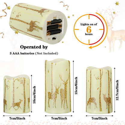 VIHOSE Set of 3 Reindeer Christmas Flameless Candles Battery Operated Realistic Flickering LED Pillar Candle Warm Light Gold Deer LED Candles for Christmas Indoor Holiday Decorations